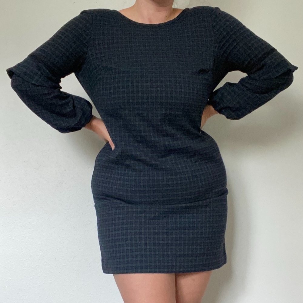 Navy and Green Dress with Peasant Sleeve Detail